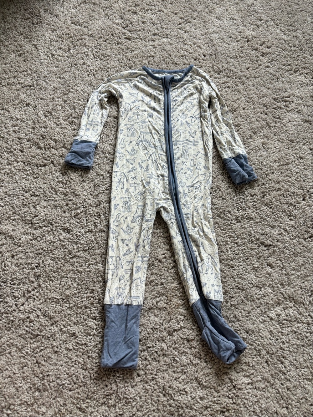 Cozy Cream & Gray Animal-Print Kids Footie Pajamas with Gray Trim